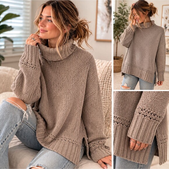 aerie Sweaters - Aerie Oversized Turtleneck Sweater XS Taupe Chenille Knit Cozy Soft Slouchy Boho